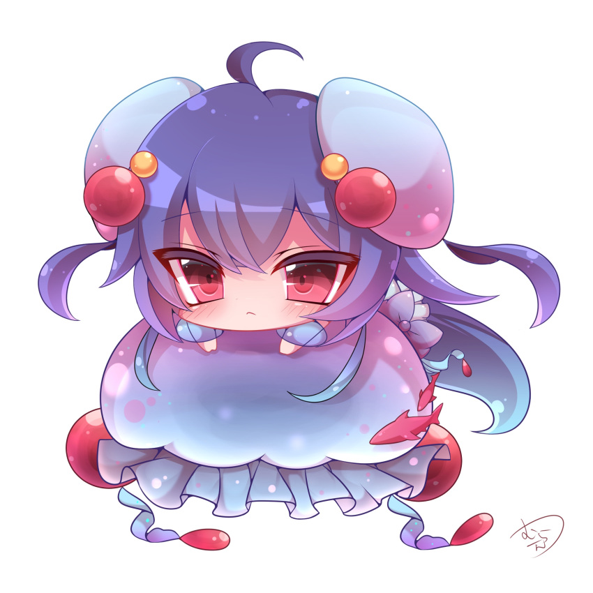 absurdres ahoge bangs blue_hair blush bow chibi closed_mouth commentary_request eyebrows_visible_through_hair fish hair_between_eyes hair_ornament highres jellyfish long_hair looking_at_viewer lying muuran noa_(shironeko_project) on_stomach purple_bow red_eyes shironeko_project signature simple_background solo transparent tsurime very_long_hair white_background