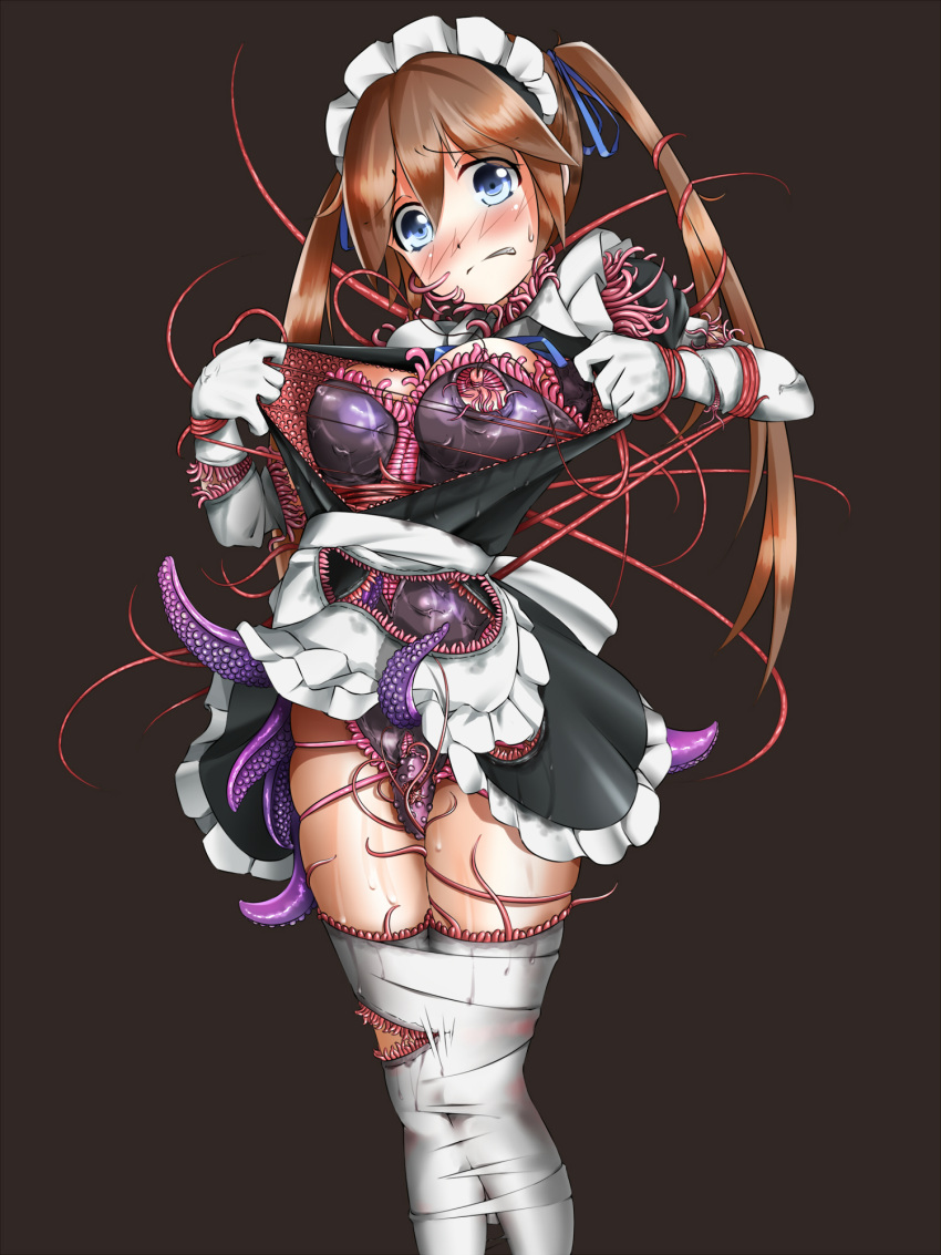 apron bdsm black_background blue_eyes blush bondage bound bound_legs breasts brown_hair clenched_teeth commentary_request frown fumi11gou head_tilt highres legs_together living_clothes maid maid_apron maid_headdress medium_breasts nipples original simple_background solo standing struggling tears teeth tentacle_clothes tentacles twintails waist_apron