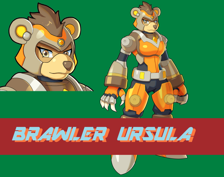 anthro armor bear brawler_ursula brown_hair claws fan_character female hair looking_at_viewer machine mammal mega_man_x robot solo text ultimatemaverickx