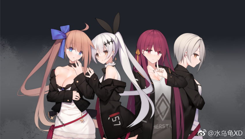 ahoge ballista_(girls_frontline) blue_eyes breasts brown_eyes brown_hair choker cleavage crossed_arms fal_(girls_frontline) five-seven_(girls_frontline) girls_frontline jewelry large_breasts long_hair looking_at_viewer multiple_girls necklace ponytail purple_hair red_eyes short_hair silver_hair suisai