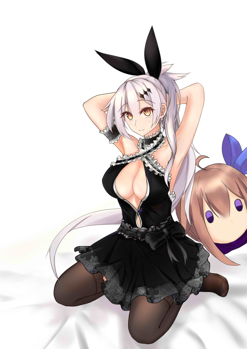 absurdres ahoge alternate_costume arm_garter armpits arms_behind_head bangs bare_shoulders bed_sheet black_dress black_garter black_legwear blonde_hair blue_eyes blush bow breasts brown_eyes choker cleavage collarbone commentary_request crescent crescent_earrings dress earrings eyebrows_visible_through_hair fal_(girls_frontline) five-seven_(girls_frontline) frilled_choker frilled_dress frills girls_frontline hair_between_eyes hair_ornament hair_ribbon highres hiroshi_(2443303124) jewelry lace-trimmed_legwear large_breasts long_hair looking_at_viewer no_bra parted_lips ponytail ribbon sidelocks silver_hair simple_background sitting smile solo stuffed_toy thighhighs very_long_hair wariza white_background