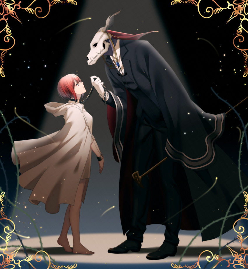 1girl barefoot black_cape black_jacket black_pants cape chain cuffs dress ellias_ainsworth eye_contact from_side full_body green_eyes handcuffs hatori_chise highres holding jacket looking_at_another mahou_tsukai_no_yome maka pants parted_lips red_eyes shirt short_dress skull standing white_cape white_dress white_shirt