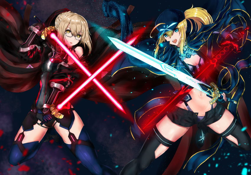 ahoge artoria_pendragon_(all) beam_saber black_gloves black_hat black_legwear black_leotard black_shorts blonde_hair blue_eyes blue_jacket blue_legwear braided_bun breasts cleavage dark_excalibur dual_wielding excalibur eyebrows_visible_through_hair fate/grand_order fate_(series) floating_hair glasses gloves grey_panties hair_between_eyes hat highleg highleg_panties highres holding holding_sword holding_weapon jacket leotard long_hair looking_at_viewer midriff multiple_girls mysterious_heroine_x mysterious_heroine_x_(alter) navel nozoyuki open_clothes open_jacket open_mouth open_shorts panties ponytail short_shorts shorts sidelocks small_breasts standing stomach sword thighhighs tied_hair underwear weapon yellow_eyes