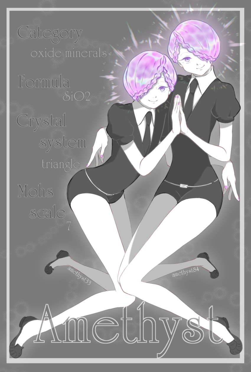 amethyst_(houseki_no_kuni) androgynous arm_around_waist braid character_name colored_eyelashes gem_uniform_(houseki_no_kuni) glowing glowing_hair hair_over_one_eye highres holding_hands houseki_no_kuni looking_at_viewer multiple_others necktie purple_eyes purple_hair siblings smile tro_vo0723 twins