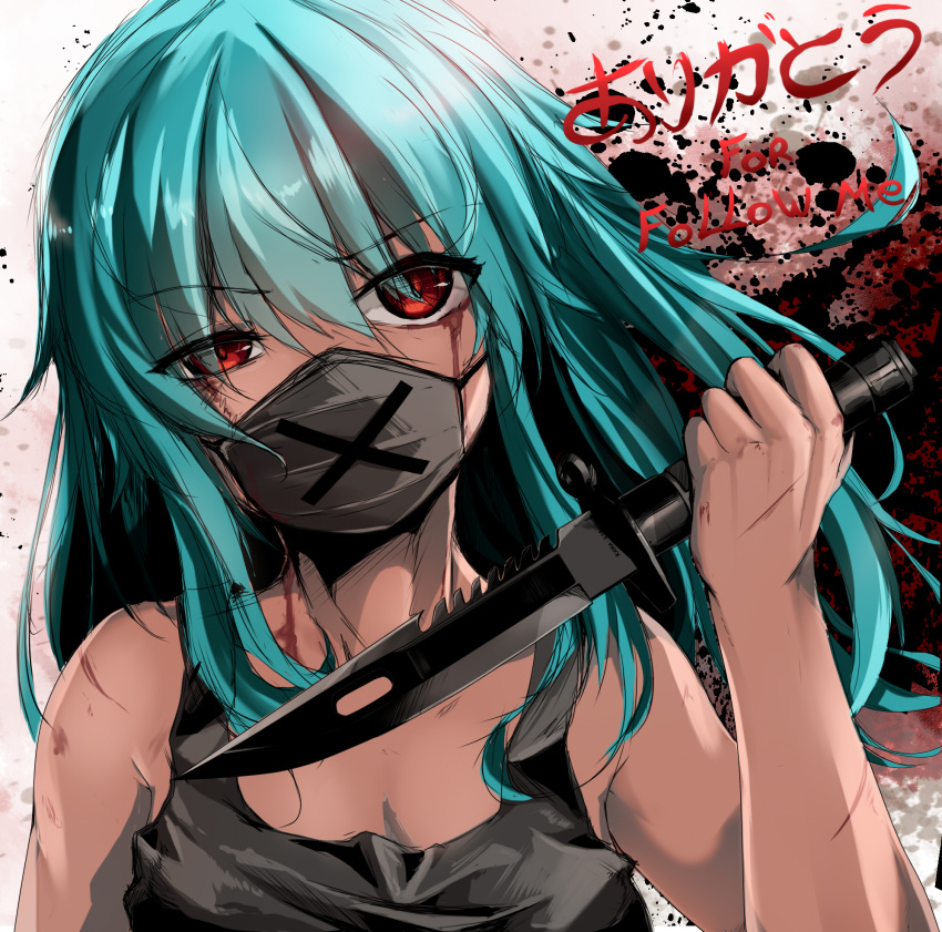 aqua_hair bangs bare_arms bare_shoulders black_tank_top commentary_request cuts eyebrows_visible_through_hair face_mask followers hair_between_eyes head_tilt highres holding holding_knife injury kana616 knife long_hair looking_at_viewer mask original red_eyes solo spanish_commentary surgical_mask tank_top translation_request