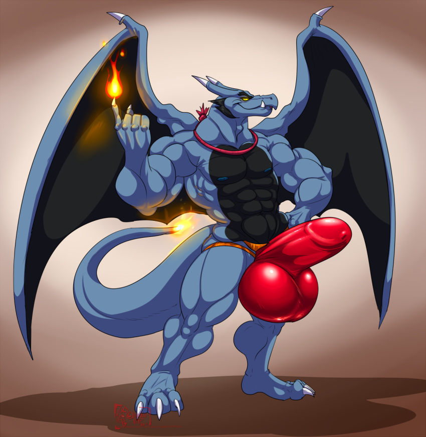 2018 3_toes 5_fingers abs anthro balls biceps big_balls big_penis black_skin blue_skin bulge clothing collar dragon erection eyebrows fire glowing glowing_eyes grin hand_on_hip hi_res horn huge_balls huge_penis humanoid_penis hungothenomster hyper hyper_penis inviting looking_aside looking_at_viewer male multicolored_skin muscular muscular_male muscular_thighs nipples penis penis_outline pose scalie simple_background smile solo standing teeth tight_underwear toes two_tone_skin underwear wings yellow_eyes