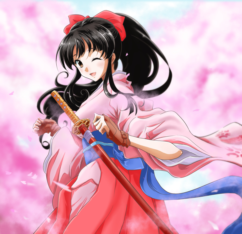 :d black_hair bow brown_eyes cherry_blossom_print cherry_blossoms commentary_request fingerless_gloves gloves hair_bow highres japanese_clothes juuzou_(amayuu112) katana kimono long_hair looking_at_viewer looking_back one_eye_closed open_mouth petals ponytail red_bow sakura_taisen scabbard sheath sheathed shinguuji_sakura smile solo sword weapon