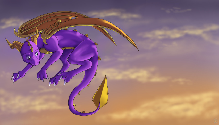 2014 claws day detailed_background digital_media_(artwork) dragon feral horn icelectricspyro male membranous_wings outside scalie sky solo spines spyro spyro_the_dragon video_games western_dragon wings