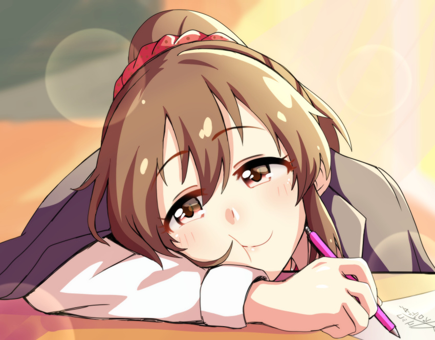 :t ai_ai_gasa black_jacket blush cheek_press close-up closed_mouth hair_ornament hair_scrunchie head_on_table head_rest head_tilt highres holding holding_pen hori_yuuko idolmaster idolmaster_cinderella_girls jacket jacket_on_shoulders lens_flare lips long_hair long_sleeves paper pen polka_dot polka_dot_scrunchie ponytail red_eyes red_scrunchie scrunchie shiny shiny_hair smile solo tareme upper_body wasabi_(nmrw4477)