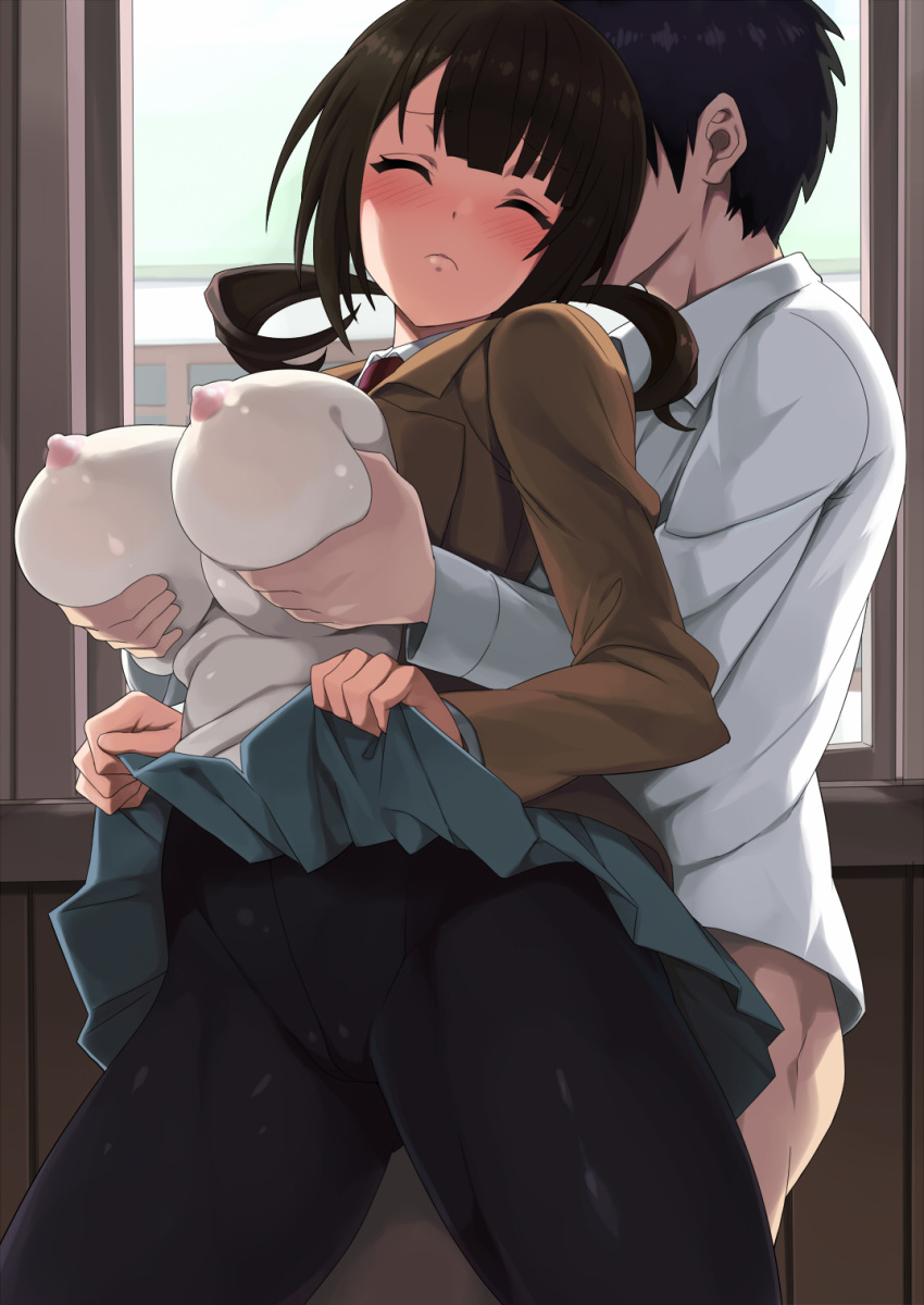 10s 1girl areolae black_hair blue_skirt blush bottomless breast_grab breasts building cameltoe closed_mouth cowboy_shot embarrassed eyes_closed grabbing grabbing_from_behind groin hetero highres indoors large_breasts legs long_sleeves nipples okita_sawa pantyhose school_uniform see-through shin'ya_(shin'yanchi) skirt skirt_lift standing tari_tari thighs twintails white_shirt