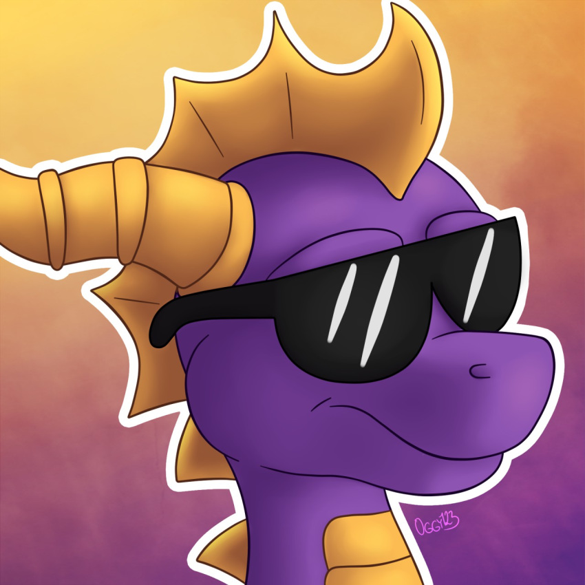 2018 dragon eyewear hi_res horn male oggythefox reaction_image scalie signature smile solo spyro spyro_the_dragon sunglasses video_games