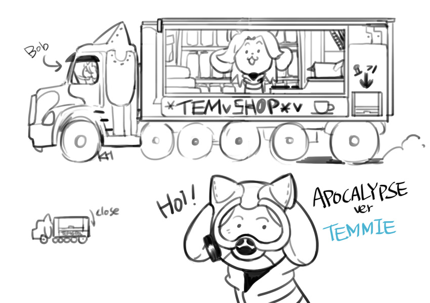 alternate_universe apocalypse_au bob_(undertale) canine clothed clothing gas_mask kkhoppang mammal mask supplies tem temmie_(undertale) truck undertale vehicle video_games