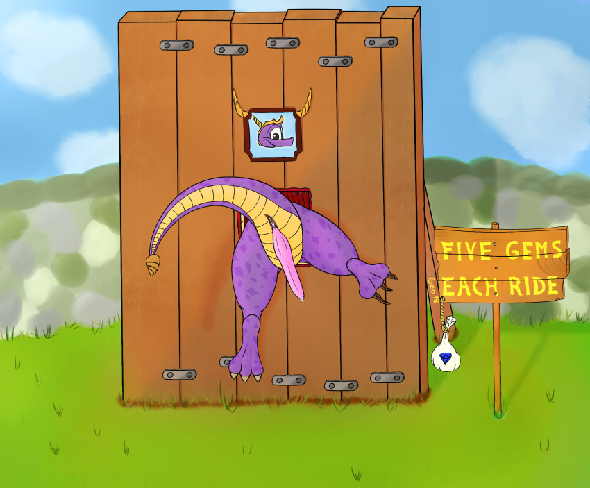 animal_genitalia anus butt dragon english_text genital_slit geowolf male penis prostitution public_use purple_scales questionable_consent scales scalie slit solo spyro spyro_the_dragon text through_wall video_games