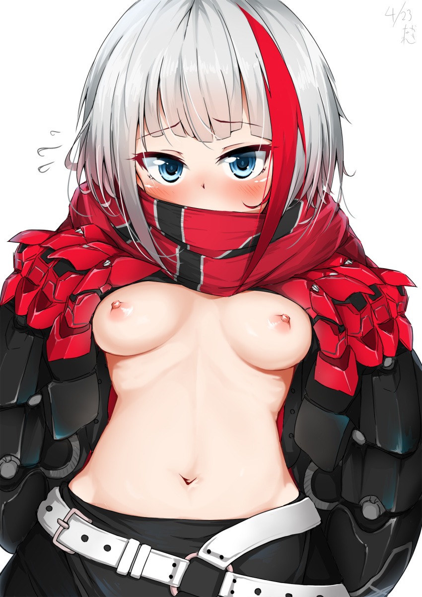 admiral_graf_spee_(azur_lane) azur_lane bangs belt black_skirt blue_eyes blunt_bangs blush breasts breasts_outside dated embarrassed eyebrows_visible_through_hair flying_sweatdrops gauntlets hands_on_own_chest highres looking_at_viewer multicolored_hair nakareki navel nipples red_scarf sanpaku scarf scarf_over_mouth shiny shiny_hair shiny_skin short_hair signature silver_hair simple_background skirt small_breasts solo stomach streaked_hair striped striped_scarf tsurime upper_body white_background