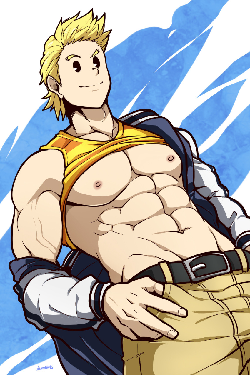 1boy abs bara blonde_hair boku_no_hero_academia clothes_removed kuroshinki muscle nipples pecs quiff raised_eyebrow smile togata_mirio