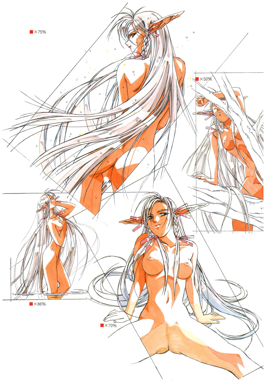 90s ass braid breasts censored climbing_tree closed_eyes dragon_knight_4 highres long_hair looking_at_viewer looking_back marker_(medium) marlene medium_breasts multiple_views navel nipples non-web_source nude official_art pointy_ears spread_legs takei_masaki traditional_media twin_braids very_long_hair wet white_hair