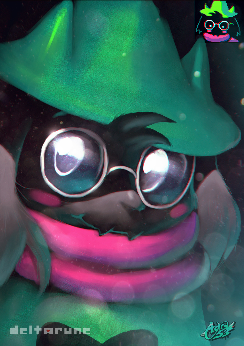 2018 absurd_res adry53 anthro black_fur caprine clothed clothing deltarune digital_media_(artwork) eyewear floppy_ears fur glasses goat hat hi_res looking_at_viewer mammal pixel_(artwork) ralsei robe scarf smile solo video_games watermark