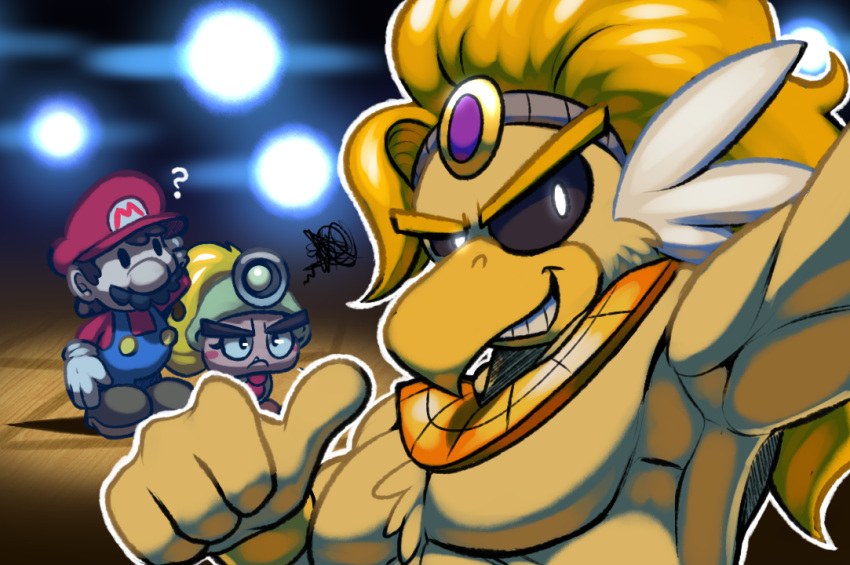 2018 ? anthro avian beak bird black_sclera blonde_hair chest_tuft clothed clothing digital_media_(artwork) eyebrows feathers female flexing fur goomba goombella grin group hair hawk headband human jewelry long_hair looking_at_viewer male mammal mario mario_bros muscular necklace nintendo paper_mario pecs pointing_at_self pose rawk_hawk smile smug solo_focus stage teckworks topless triceps tuft video_games white_eyes yellow_feathers yellow_fur