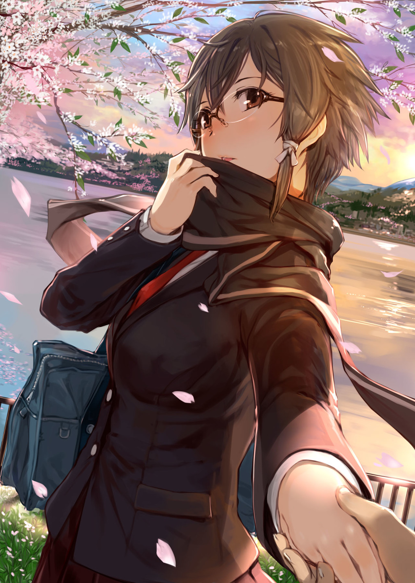 asada_shino bag black_hair black_shirt blush brown_eyes cherry_blossoms commentary_request dutch_angle evening glass glasses hair_between_eyes hair_ornament hair_ribbon highres holding_hands long_sleeves looking_at_viewer mikazuki_akira! open_mouth out_of_frame outdoors petals pov pov_hands ribbon rimless_eyewear scarf school_uniform shirt short_hair skirt smile solo_focus sword_art_online tree tress_ribbon uniform water