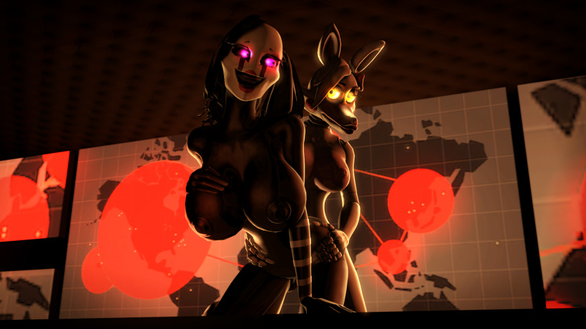 16:9 3d_(artwork) animatronic anthro big_breasts black_body black_hair black_sclera breasts canine digital_media_(artwork) duo female female/female five_nights_at_freddy's five_nights_at_freddy's_2 fox hair humanoid looking_back machine mammal mangle_(fnaf) map marionette_(fnaf) mask pink_eyes robot source_filmmaker team_fortress_2 uwotinfokm8 valve video_games white_body yellow_eyes