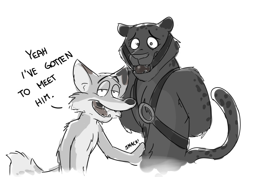 anthro ball_gag bdsm black_jaguar bondage bound dialogue disney duo english_text feline gag gagged hands_behind_back harness jaguar low_res male mammal open_mouth paintfox paintfox_(character) renato_manchas simple_background spots text white_background zootopia