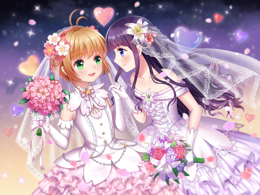 ahoge bare_shoulders black_hair bouquet braid brown_hair cardcaptor_sakura cherry_blossoms commentary_request daidouji_tomoyo dress elbow_gloves eye_contact face-to-face flower gloves green_eyes heart heavenlove holding_hands kinomoto_sakura long_hair looking_at_another multiple_girls petals purple_eyes short_hair smile star_(sky) veil wedding_dress white_dress white_gloves wife_and_wife yuri