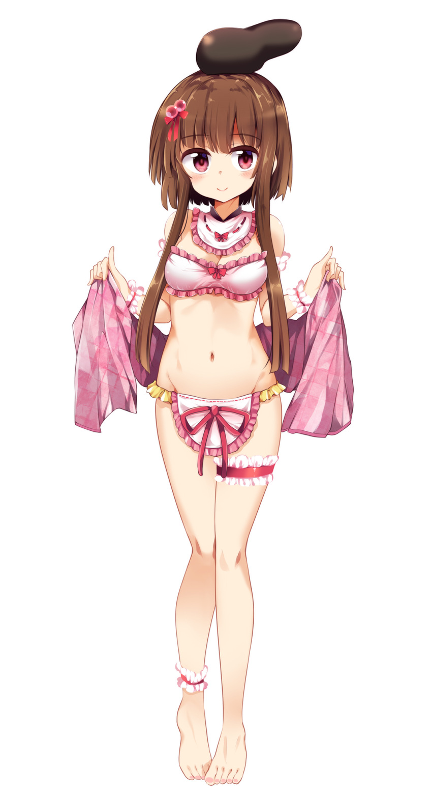 adapted_costume bandeau bare_legs bare_shoulders blush breasts brown_hair cleavage commentary_request detached_collar eyebrows_visible_through_hair frilled_shirt_collar frills full_body groin hair_bobbles hair_ornament hat highres holding leg_garter looking_at_viewer maturiuta_sorato midriff navel nishida_satono pink_eyes red_ribbon ribbon shawl short_hair short_hair_with_long_locks simple_background small_breasts smile solo standing touhou white_background wrist_cuffs