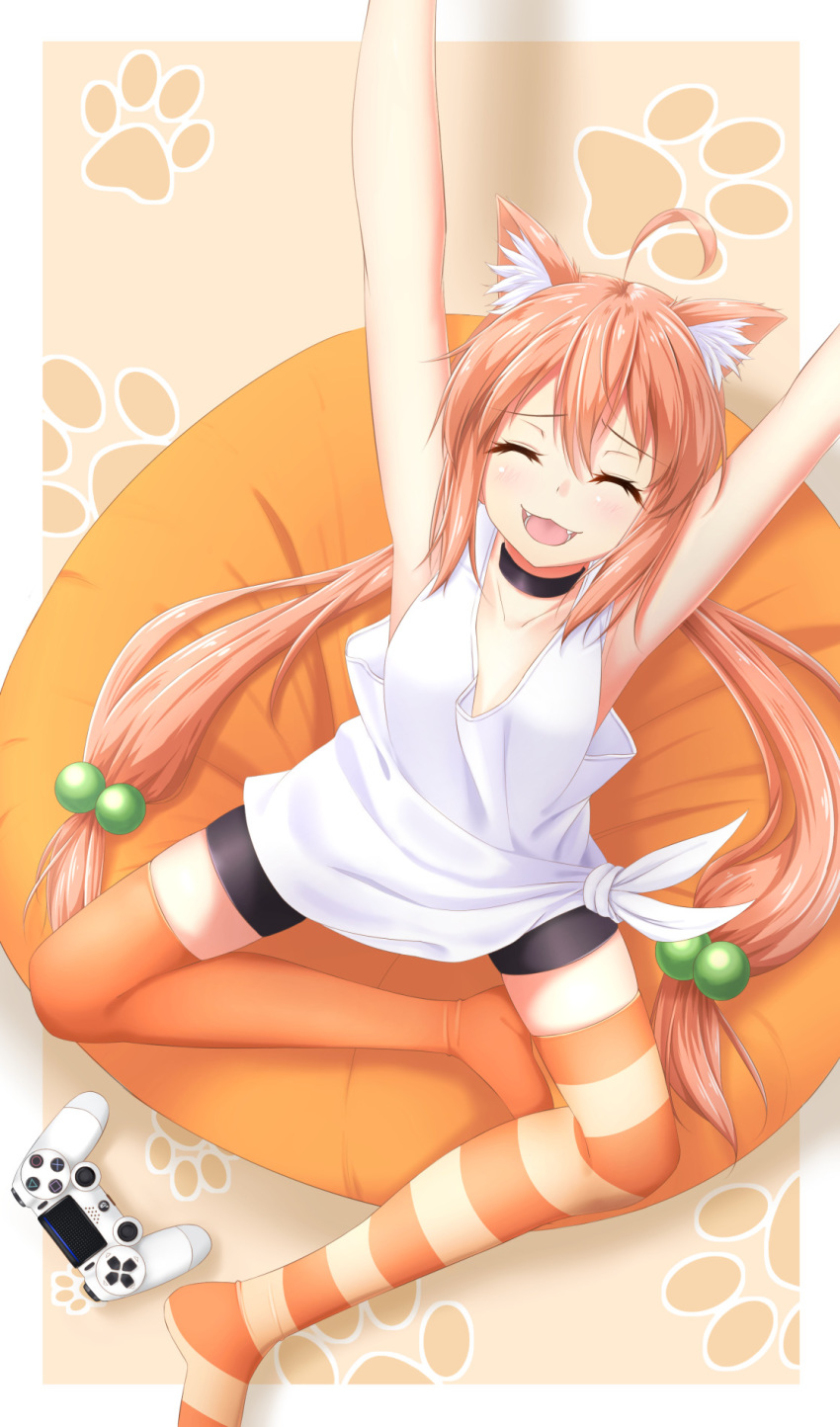 ahoge animal_ear_fluff animal_ears arms_up bike_shorts black_choker black_shorts cat_ears choker closed_eyes controller dualshock fangs from_above game_controller gamepad hair_bobbles hair_ornament highres hinata_channel long_hair low_twintails mismatched_legwear nekomiya_hinata open_mouth orange_legwear paw_background pink_hair potsunen shorts sitting sleeveless solo striped striped_legwear tank_top twintails virtual_youtuber white_tank_top