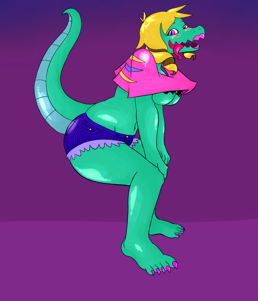 2016 alligator angstrom anthro bratty_(undertale) breasts clothed clothing crocodilian female hi_res nipple_tape pasties purple_background reptile scalie simple_background solo tape twerking under_boob undertale video_games