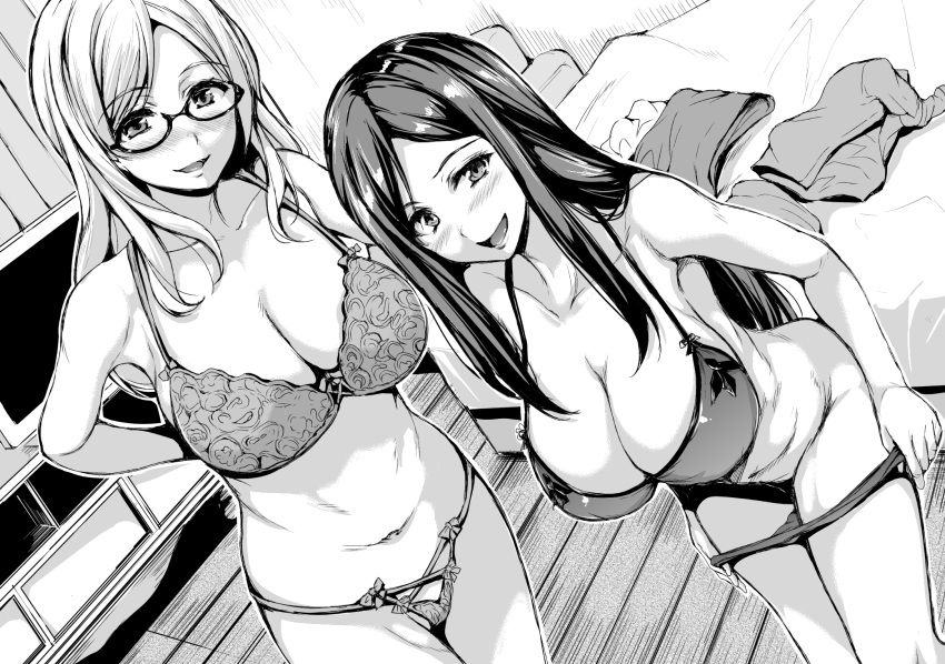 2girls :d bed blush bra breasts clothes_removed collarbone commentary_request glasses greyscale highres large_breasts long_hair looking_at_viewer monochrome multiple_girls open_mouth original panties panty_pull pulled_by_self smile tachibana_omina underwear underwear_only undressing