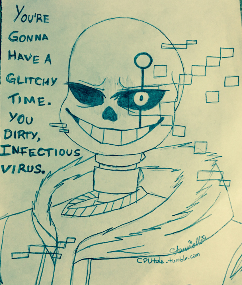 animated_skeleton bone chappietriggerhappy clothed clothing cputale english_text glitch hi_res hoodie male markings not_furry sans_(undertale) skeleton skull smile text undead undertale video_games