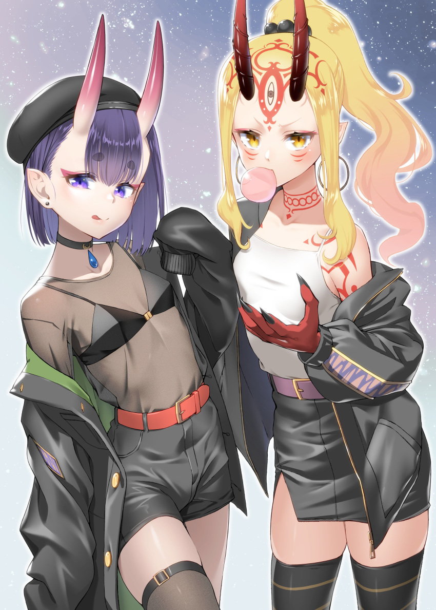 2girls :q absurdres alternate_costume bangs beads belt beret black_bra black_jacket black_legwear black_shorts black_skirt blonde_hair bob_cut bra bubble_blowing camisole chewing_gum choker commentary_request contemporary earrings eyebrows_visible_through_hair facial_mark fashion fate/grand_order fate_(series) fingernails forehead_mark gem gradient_horns hat highres hoop_earrings ibaraki_douji_(fate/grand_order) jacket jewelry long_hair looking_at_viewer miniskirt multiple_girls neck_tattoo off_shoulder oni_horns open_clothes open_jacket pointy_ears ponytail purple_belt purple_eyes purple_hair red_belt saruchitan see-through sharp_fingernails short_eyebrows short_hair shorts shoulder_tattoo shuten_douji_(fate/grand_order) side_slit skirt sleeves_past_fingers sleeves_past_wrists snowing stud_earrings tattoo thighhighs tongue tongue_out underwear yellow_eyes zettai_ryouiki zipper zipper_pull_tab