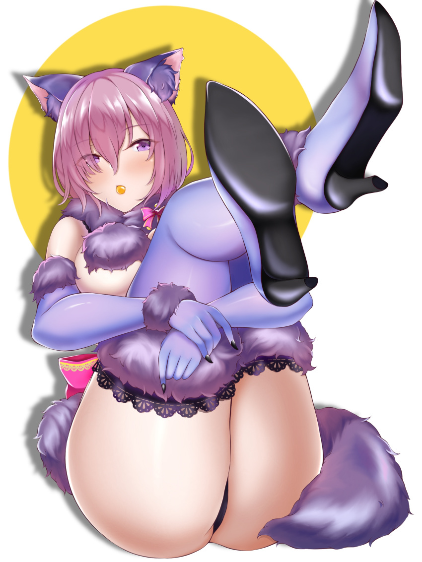 absurdres animal_ears ass bare_shoulders blush boots breasts candy commentary dangerous_beast eyebrows_visible_through_hair eyes_visible_through_hair fate/grand_order fate_(series) food full_body fur-trimmed_boots fur-trimmed_gloves fur_collar fur_trim gloves hair_over_one_eye high_heel_boots high_heels highres lace-trimmed_boots large_breasts legs_together legs_up lying mash_kyrielight mouth_hold numaguro_(tomokun0808) on_back own_hands_together pink_hair purple_eyes purple_footwear purple_gloves revealing_clothes shoe_soles short_hair solo tail two_side_up underboob wolf_ears wolf_tail