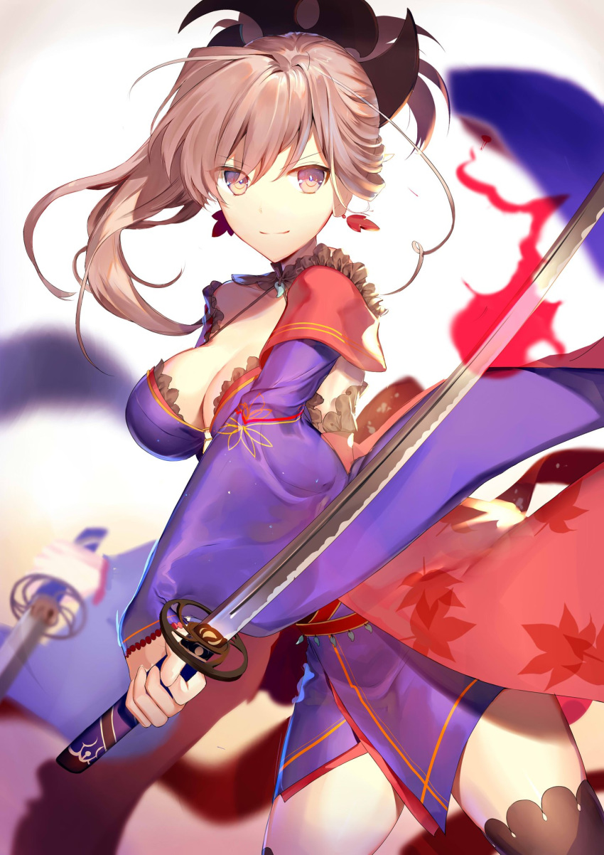 asymmetrical_hair autumn_leaves bangs black_legwear blue_eyes blue_kimono breasts cleavage commentary_request detached_sleeves dual_wielding earrings eyebrows_visible_through_hair fate/grand_order fate_(series) hair_between_eyes hair_ornament highres holding holding_sword holding_weapon japanese_clothes jewelry katana kimono kouyafu large_breasts leaf_print looking_at_viewer maple_leaf_print miyamoto_musashi_(fate/grand_order) obi pink_hair ponytail sash short_kimono sleeveless sleeveless_kimono sword thighhighs thighs unsheathed v-shaped_eyebrows weapon wide_sleeves