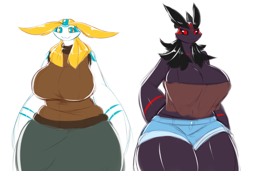 2016 aijou anthro averyshadydolphin big_breasts black_hair black_sclera blonde_hair blue_markings breasts cleavage clothed clothing dark_skin digital_media_(artwork) dragon duo eyebrows eyelashes female hair hand_on_hip huge_breasts jou long_hair looking_at_viewer markings red_eyes red_markings simple_background smile thick_thighs white_background white_skin yaojou yellow_eyes