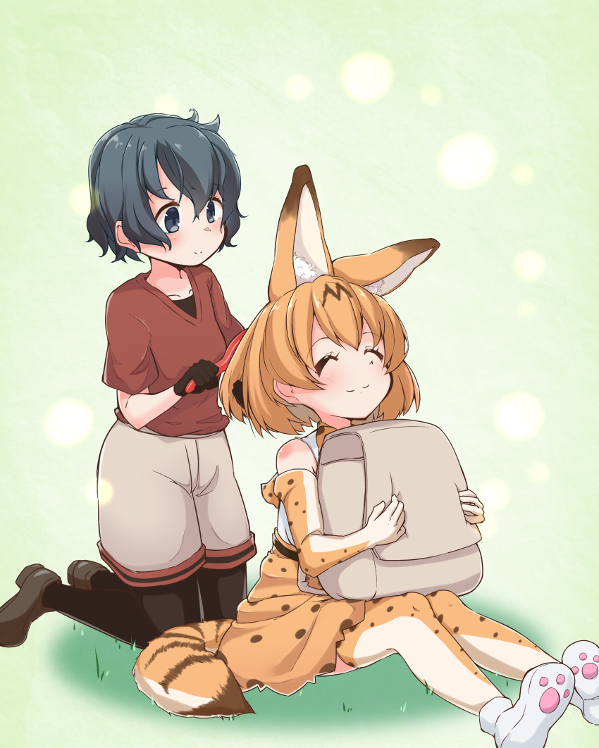 absurdres animal_ears backpack bag bare_shoulders black_hair blonde_hair blush brushing_another's_hair commentary_request eyebrows_visible_through_hair gloves hair_brush hair_brushing highres hiyama_yuki holding kaban_(kemono_friends) kemono_friends kneeling loafers multicolored_hair multiple_girls no_hat no_headwear pantyhose paw_print serval_(kemono_friends) serval_ears serval_print serval_tail shirt shoes short_hair short_sleeves shorts sitting skirt smile t-shirt tail thighhighs