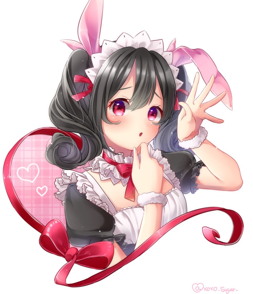 :o absurdres animal_ears bangs black_hair bunny_ears bunny_pose curly_hair detached_collar fake_animal_ears frilled_shirt_collar frilled_sleeves frills hair_ribbon hand_on_own_chin hand_up heart highres looking_at_viewer love_live! love_live!_school_idol_project maid maid_headdress mogyutto_"love"_de_sekkin_chuu! plaid puffy_short_sleeves puffy_sleeves red_eyes red_ribbon ribbon short_sleeves shuga_(0329tixi) signature solo twintails twitter_username upper_body white_background wristband yazawa_nico