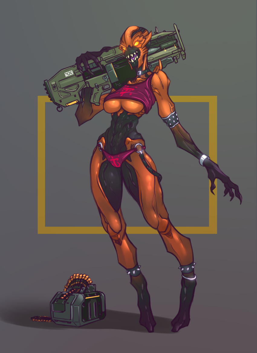 2017 anklet bracelet breasts brown_skin bullet choker claws cleavage clothed clothing demon digital_media_(artwork) doom fangs female glowing glowing_eyes gun hi_res holding_object holding_weapon humanoid imp_(doom) jewelry looking_at_viewer not_furry open_mouth orange_eyes ranged_weapon rifle rube sharp_teeth simple_background smile solo spikes standing teeth tongue under_boob underwear video_games weapon