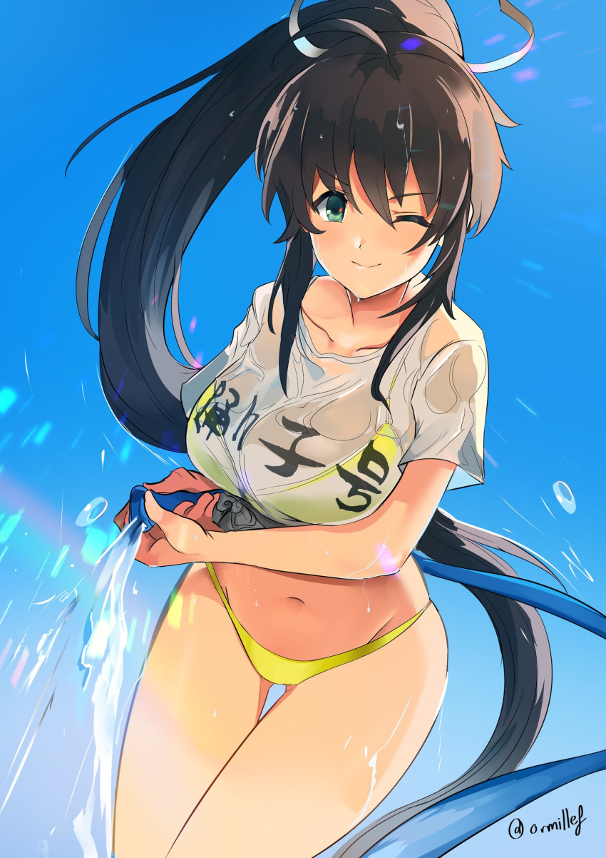 ;) bikini bikini_under_clothes black_hair breasts collarbone commentary commission day green_bikini green_eyes hair_ribbon highres holding_hose homura_(senran_kagura) hose large_breasts legs_together long_hair looking_at_viewer navel no_pants one_eye_closed ormille outdoors ponytail ribbon see-through senran_kagura shirt smile solo swimsuit t-shirt water wet wet_clothes wet_shirt wet_t-shirt