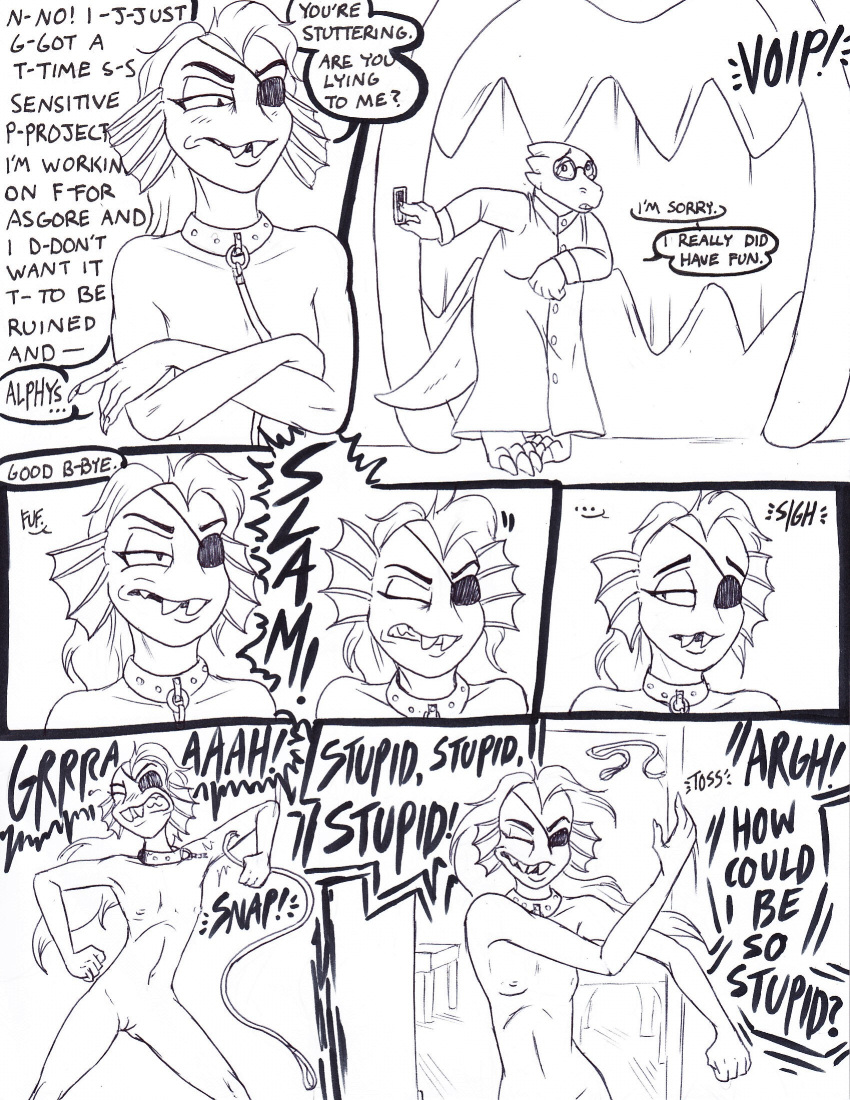 2015 alphys angry anthro bed bedroom black_and_white blush breasts claws collar comic dialogue duo english_text eyewear female female/female flat_chested glasses hi_res leash marine misunderstanding monochrome nipples nude pen_(artwork) pussy reptile scalie small_breasts smile teeth text toe_claws traditional_media_(artwork) undertaild undertale undyne video_games