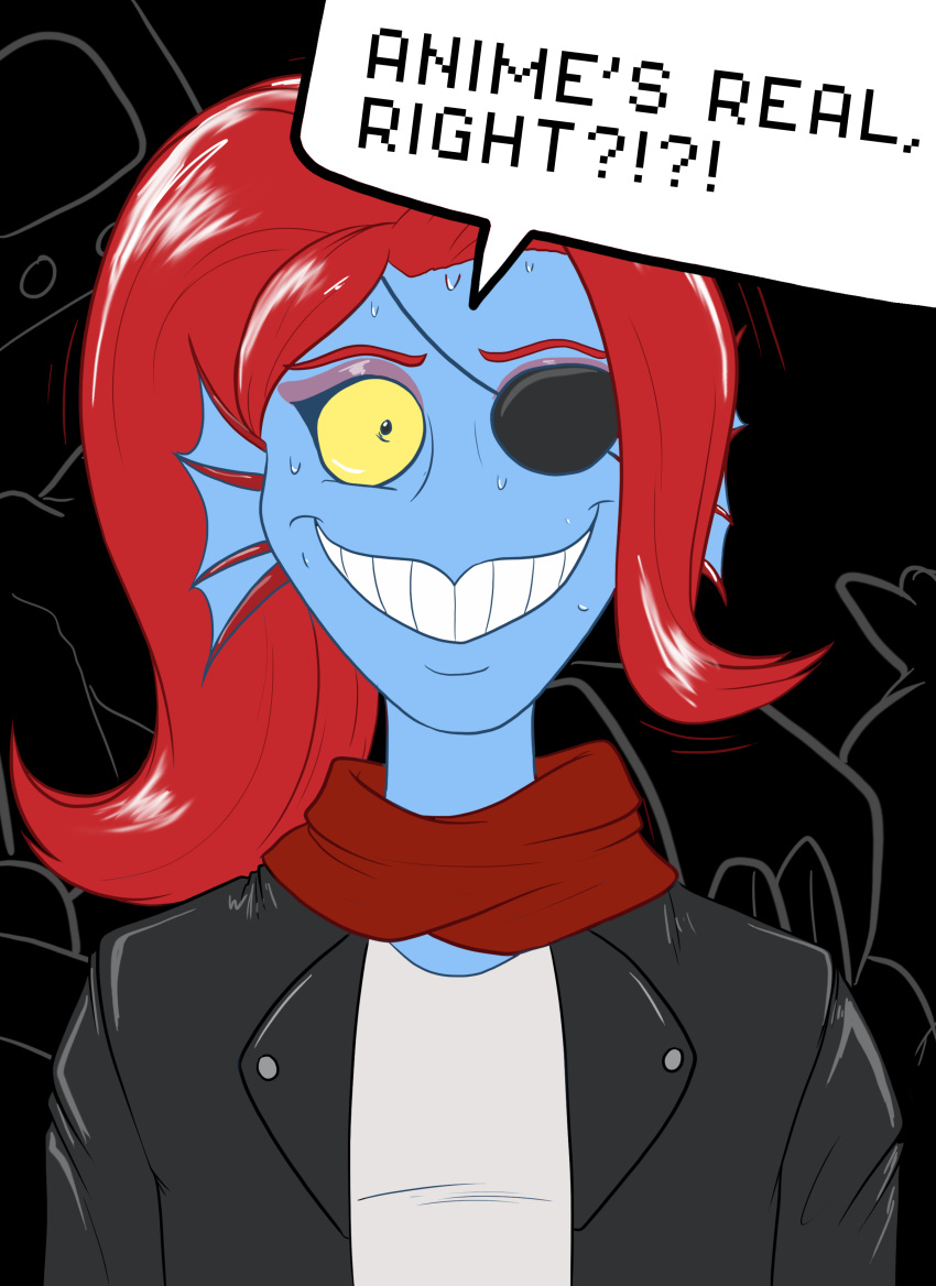 2015 clothing dialogue english_text eye_patch eyewear female fish hair hi_res jacket looking_at_viewer marine noseless red_hair smile solo speech_bubble sweat text toughsetselect undertale undyne video_games yellow_eyes