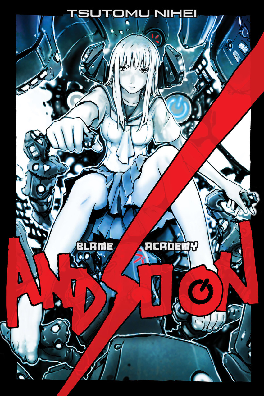 absurdres bangs bare_legs barefoot blame! blame_gakuen! blunt_bangs breasts cibo cockpit cover cover_page english highres long_hair machinery manga_cover mecha medium_breasts muted_color nihei_tsutomu pale_skin panties school_uniform serafuku smile underwear white_hair