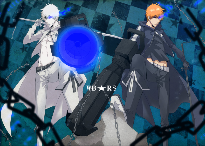 belt black_footwear black_jacket black_pants black_rock_shooter black_rock_shooter_(character) black_rock_shooter_(character)_(cosplay) black_shirt bleach chain checkered checkered_background cosplay glowing glowing_eye grey_cape grey_pants groin gun holding holding_gun holding_sword holding_weapon jacket kurosaki_ichigo male_focus masaki_(logic15) midriff multiple_boys navel orange_hair over_shoulder pants shirt spiked_hair standing stomach sword sword_over_shoulder weapon weapon_over_shoulder white_rock_shooter white_rock_shooter_(cosplay)