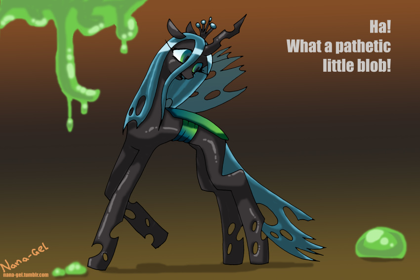 changeling eyelashes female feral friendship_is_magic hair horn imminent_rape insect_wings long_hair makeup my_little_pony nana_gel queen_chrysalis_(mlp) royalty slime solo text wings