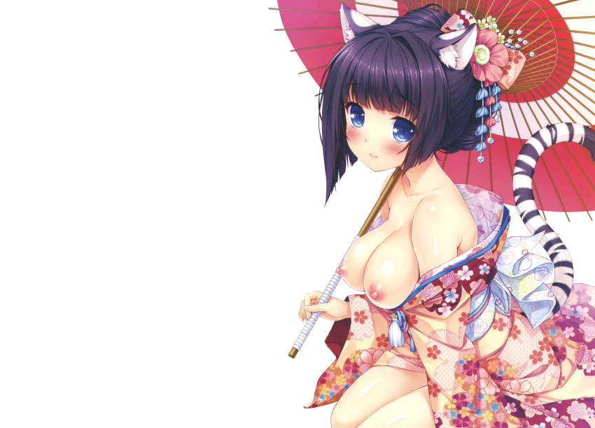 black_hair blue_eyes breasts catgirl japanese_clothes nipples photoshop sayori tail umbrella