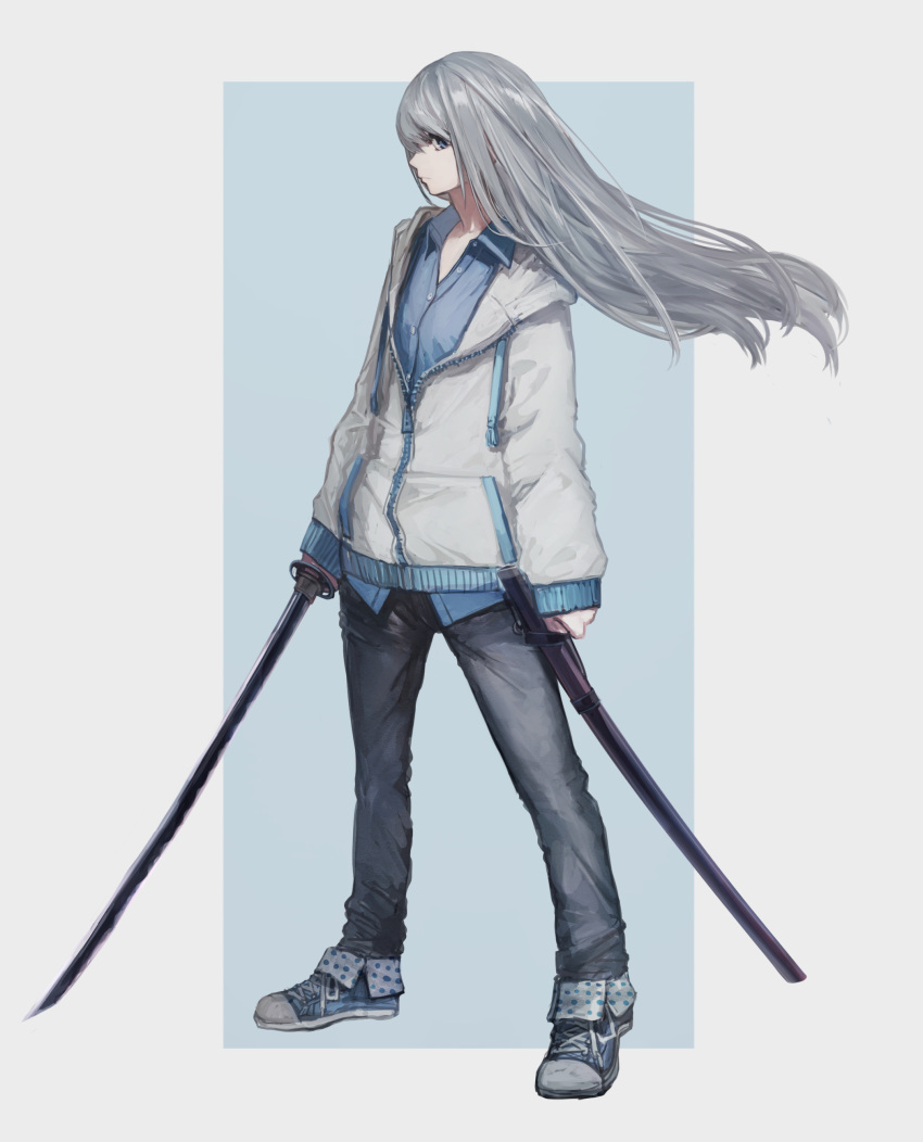1girl absurdres blue_background blue_eyes blue_footwear blue_shirt closed_mouth collared_shirt commentary_request denim dress_shirt expressionless full_body grey_background grey_hair grey_jacket hashimoto_kokai highres holding holding_sword holding_weapon jacket jeans katana legs_apart long_hair long_sleeves looking_at_viewer original pants partially_unzipped polka_dot profile sheath shirt shoes sleeves_past_wrists sneakers solo standing sword two-tone_background unsheathed weapon wing_collar zipper