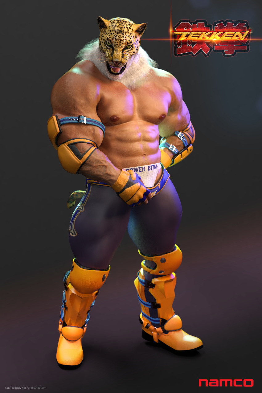 2015 3d_(artwork) abs animal_head biceps big_muscles black_fur boots clothed clothing digital_media_(artwork) do_not_distribute elbow_pads english_text faceless_male fangs feline fingerless_gloves footwear for_a_head fur gloves green_eyes hi_res humanoid jaguar king_(tekken) looking_at_viewer male mammal manly mask muscular muscular_male navel nipples open_mouth pecs pose shiny snarlthewerewolf solo spots standing teeth tekken text topless underwear vein video_games whiskers white_fur wrestler wristband yellow_fur