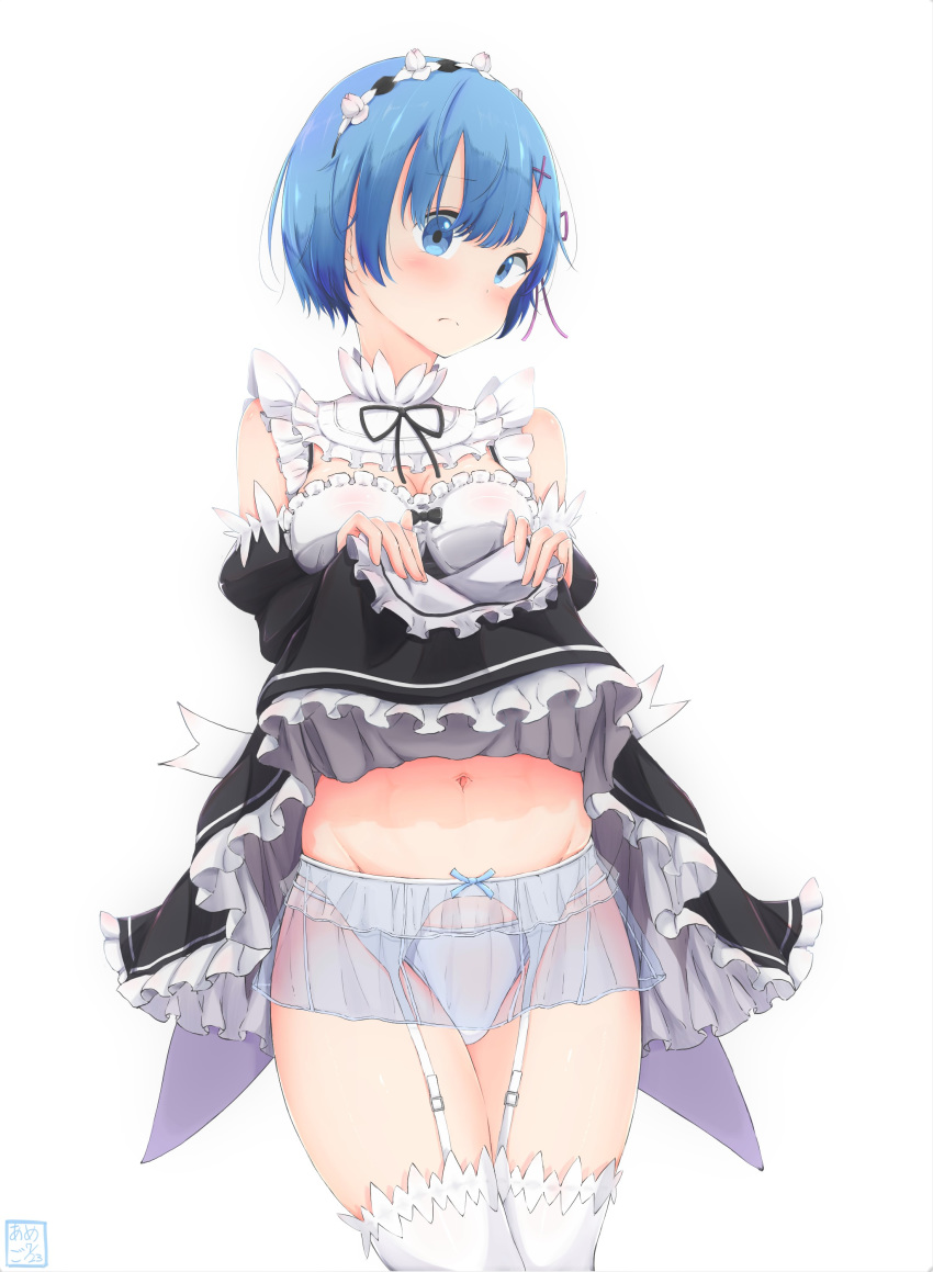 1girl absurdres amego artist_logo bangs black_dress black_neckwear blue_eyes blue_garter_belt blue_hair blue_panties blush breasts cleavage closed_mouth commentary_request cowboy_shot dated detached_sleeves dress dress_lift eyebrows_visible_through_hair frilled_dress frilled_garter_belt frills frown groin hair_ornament hair_over_one_eye head_tilt highres lace lace-trimmed_legwear lifted_by_self looking_at_viewer maid maid_headdress medium_breasts navel neck_ribbon panties purple_ribbon re:zero_kara_hajimeru_isekai_seikatsu rem_(re:zero) ribbon ribbon-trimmed_clothes ribbon_trim short_dress short_hair simple_background solo standing string_panties thighhighs thighs underwear white_background white_legwear x_hair_ornament