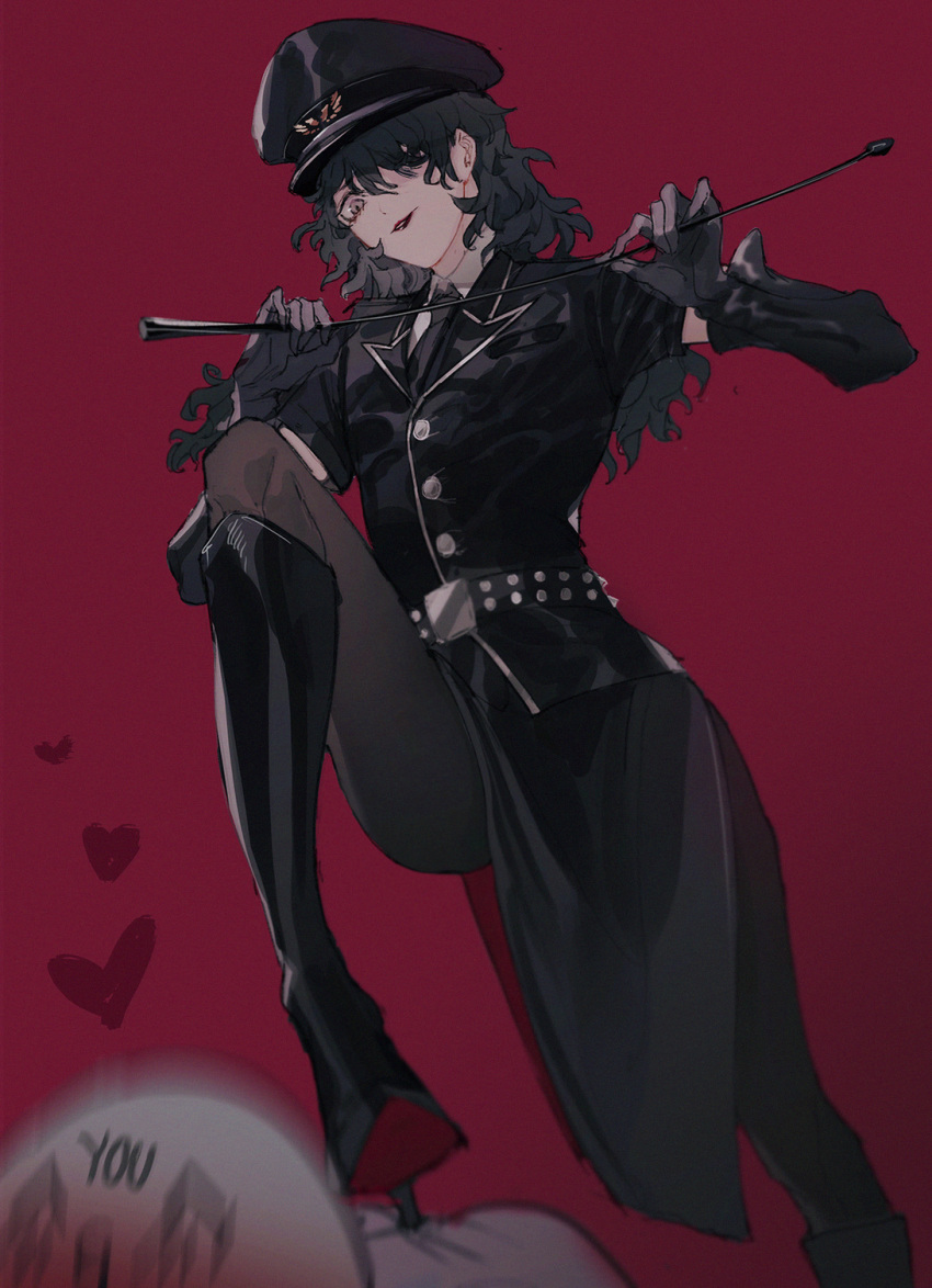 amamiya_ren bdsm belt black_hair boots canto commentary_request crossdressing elbow_gloves gloves hat heart high_heel_boots high_heels highres lipstick makeup male_focus necktie otoko_no_ko pantyhose persona persona_5 persona_5:_dancing_star_night persona_dancing police police_hat police_uniform riding_crop skirt stepped_on uniform