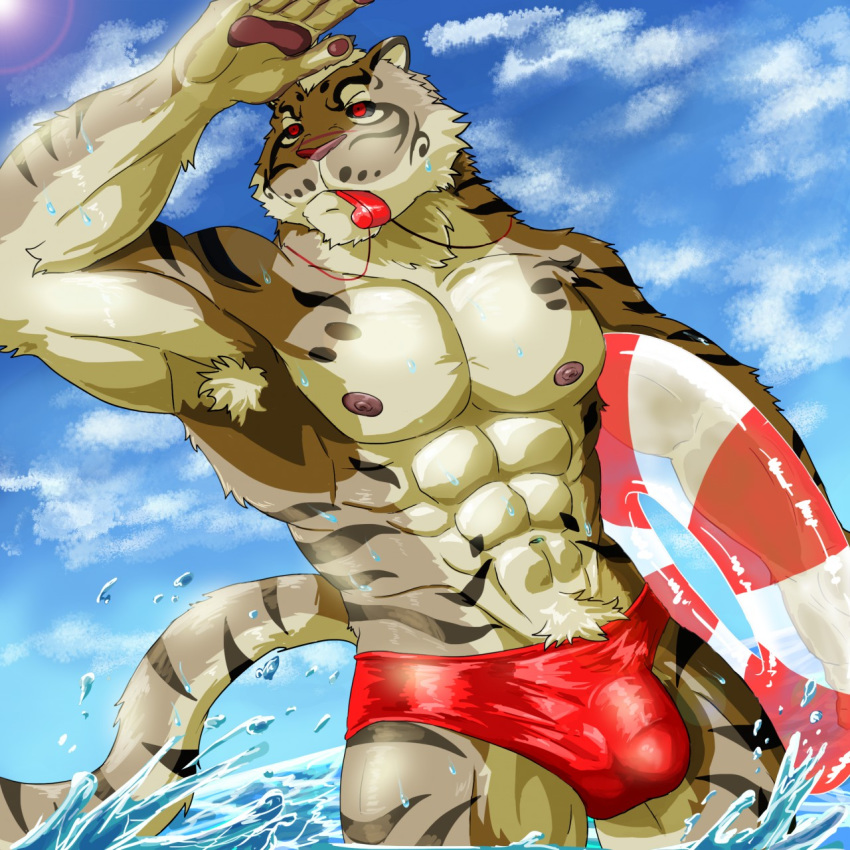 abs anthro areola armpit_hair barazoku biceps bulge clothing feline fur lifeguard male mammal manly muscular navel nipples outside pawpads paws pecs red_eyes solo speedo standing sun swimsuit thick_thighs tiger triceps water weedwolf wet whistle